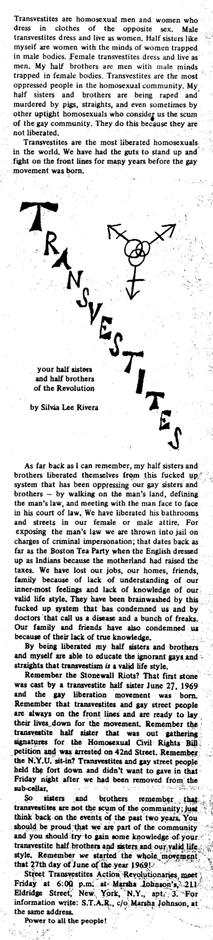clipping of Rivera's essay, with hand-drawn lettering "TRANSVESTITES" and trans symbol, with typed subtitle "your half sisters and half brothers of the Revolution by Silvia Lee Rivera"